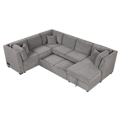 U-shaped sleeper sectional sofa gray fabric with storage chaise HouseOfZazla on Tampa Home & Garden Store