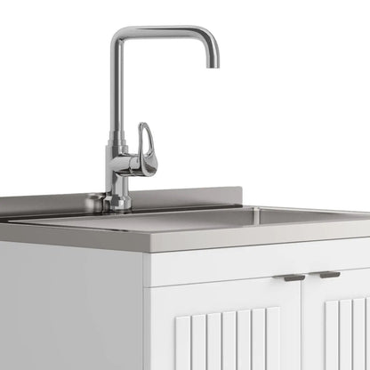 Murphy laundry vanity with chrome gooseneck faucet over stainless steel sink on white cabinet on Tampa Home & Garden Store