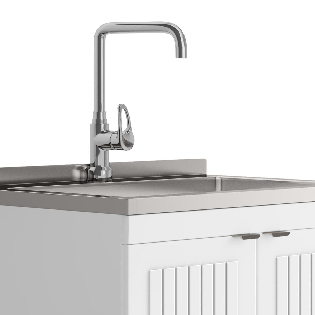 White laundry vanity with stainless steel sink and chrome gooseneck faucet by HouseOfZazla on Tampa Home & Garden Store