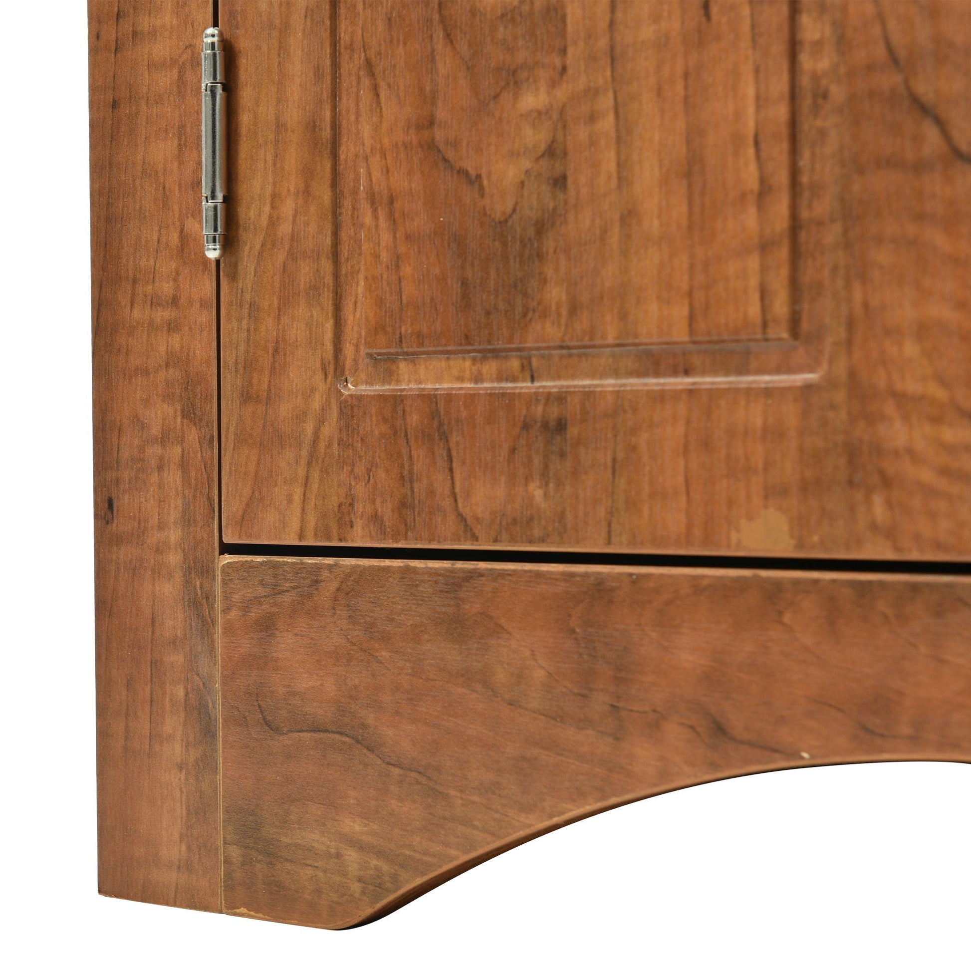 Triangle bathroom storage cabinet in warm brown wood with adjustable shelves on Tampa Home & Garden Store