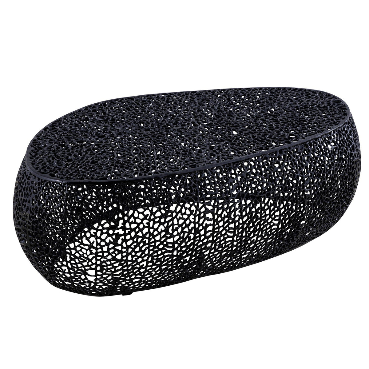 Oval coffee table with black perforated aluminum lattice frame on Tampa Home & Garden Store