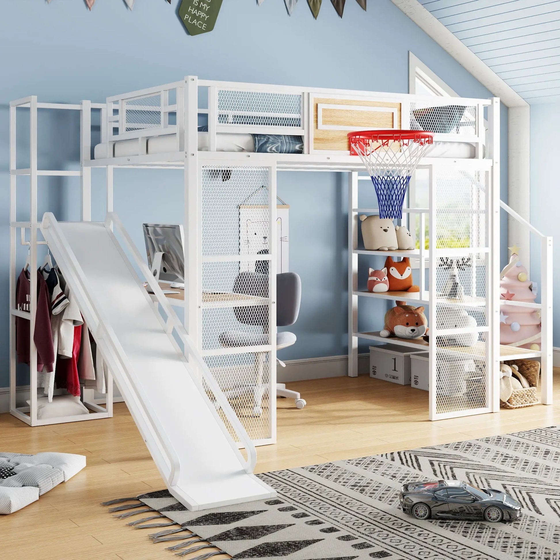 White loft bed with built-in desk, open wardrobe, basketball hoop, slide and staircase on Tampa Home & Garden Store