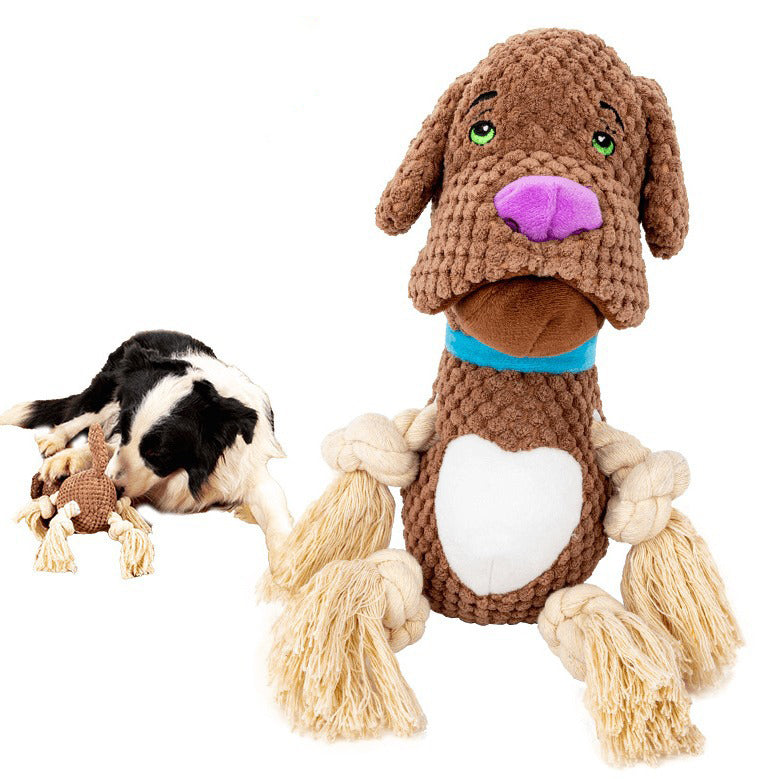 Two plush dog toys: brown rope-legged dog with white heart and blue collar on Tampa Home & Garden Store
