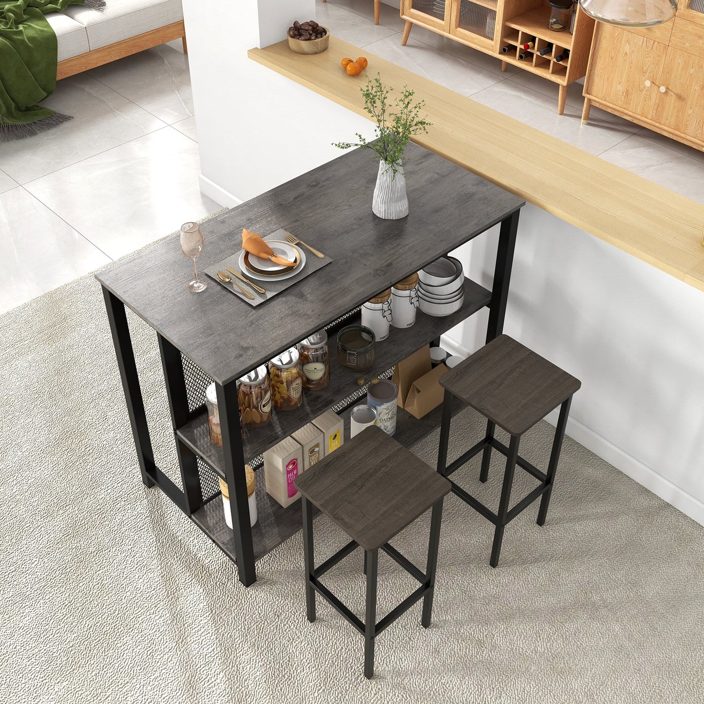 Mesa de bar de 3 niveles de 36 pulgadas con almacenamiento, estructura de metal y almohadillas ajustables para los pies para comedor - Gris