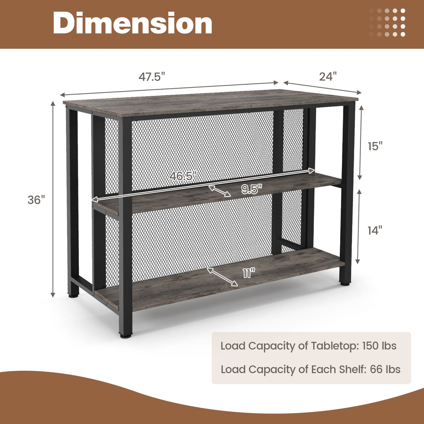 Mesa de bar de 3 niveles de 36 pulgadas con almacenamiento, estructura de metal y almohadillas ajustables para los pies para comedor - Gris
