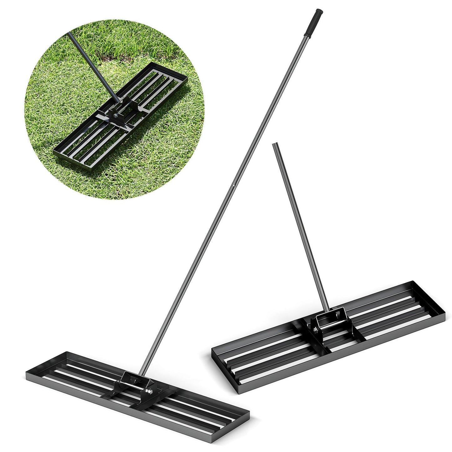 Rastrillo nivelador de césped de 36 x 10 pulgadas con mango ergonómico - Negro