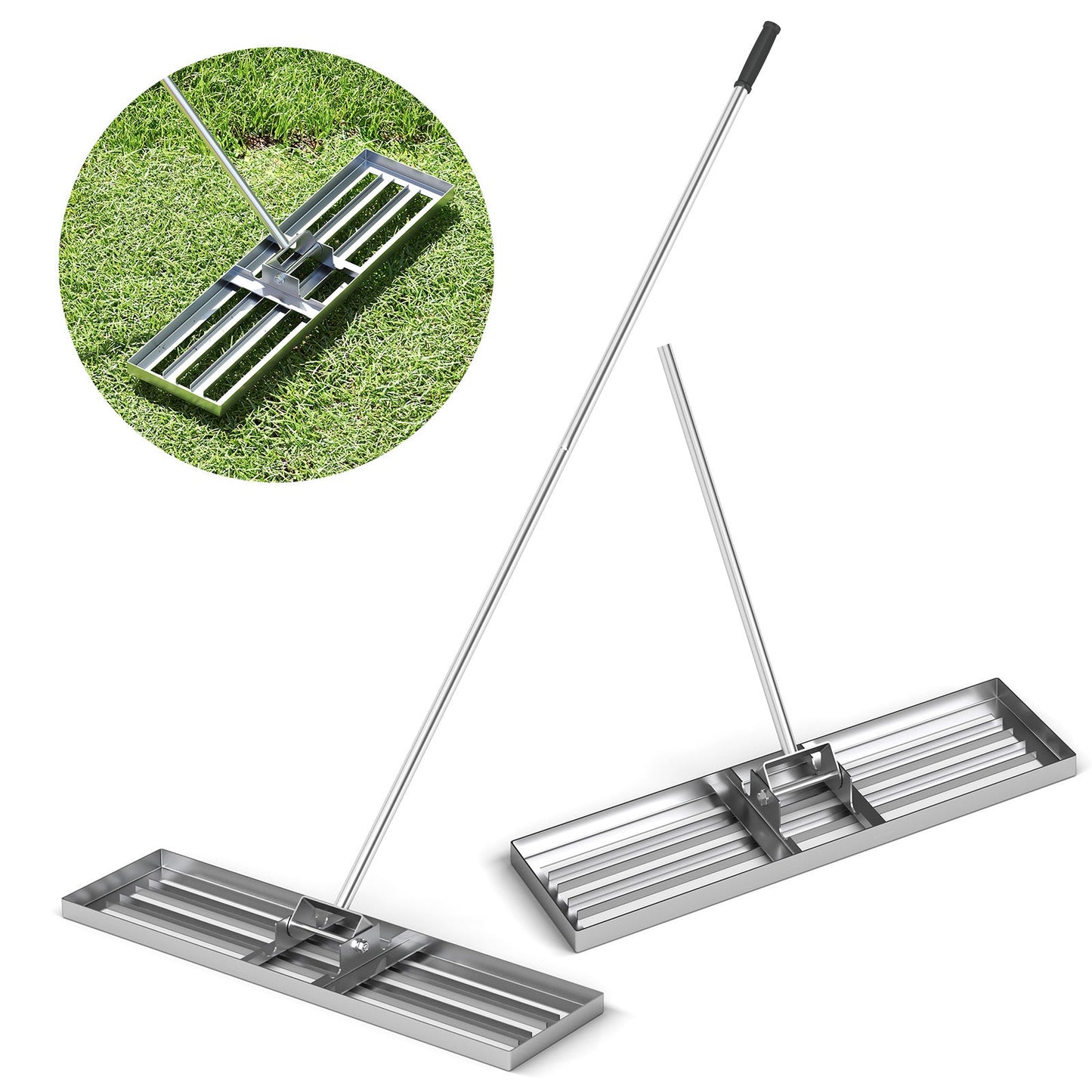 Rastrillo nivelador de césped de 36 x 10 pulgadas con mango ergonómico - Plateado