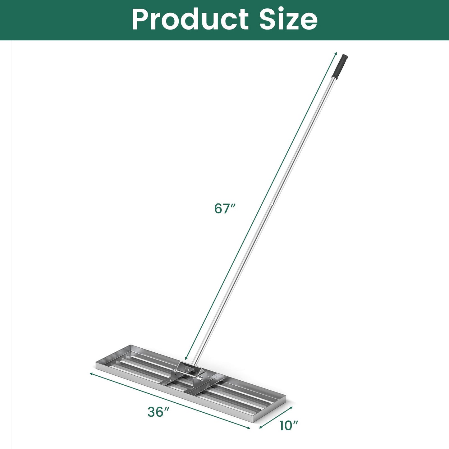 Rastrillo nivelador de césped de 36 x 10 pulgadas con mango ergonómico - Plateado