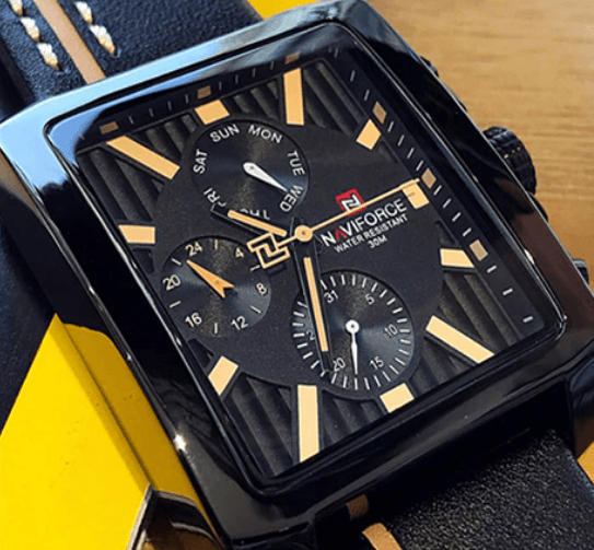 Naviforce men's waterproof watch with leather strap, black dial, gold markers, chrono ST1N360MCK on Tampa Home & Garden Store