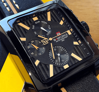 Naviforce men's waterproof watch with leather strap, black dial, gold markers, chrono ST1N360MCK on Tampa Home & Garden Store