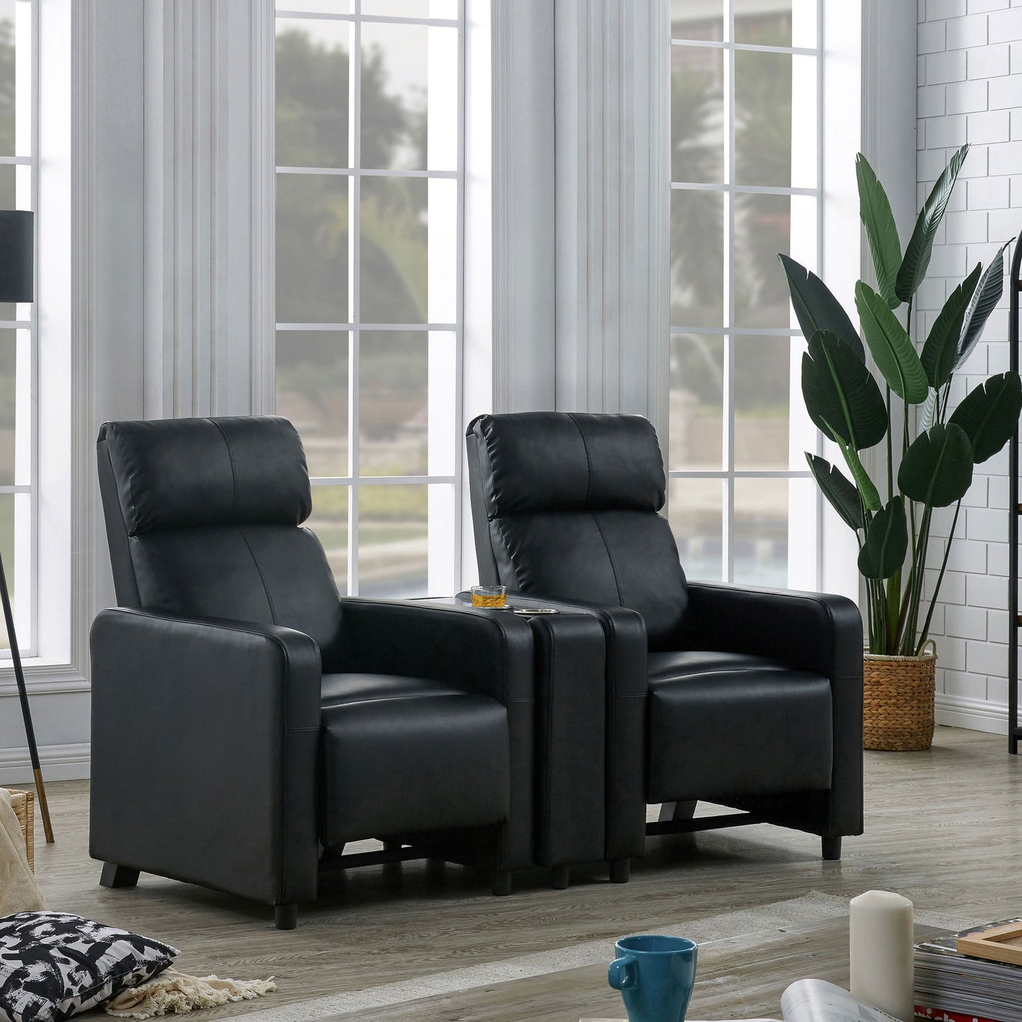 Push Back Recliner Black leather reclining chairs pair in living room 2 units on Tampa Home & Garden Store
