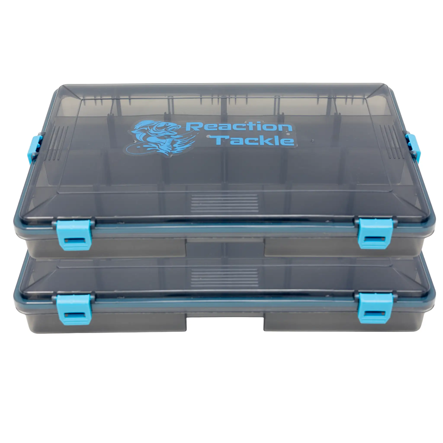 Reaction Tackle Tray waterproof storage box with four blue clips on Tampa Home & Garden Store