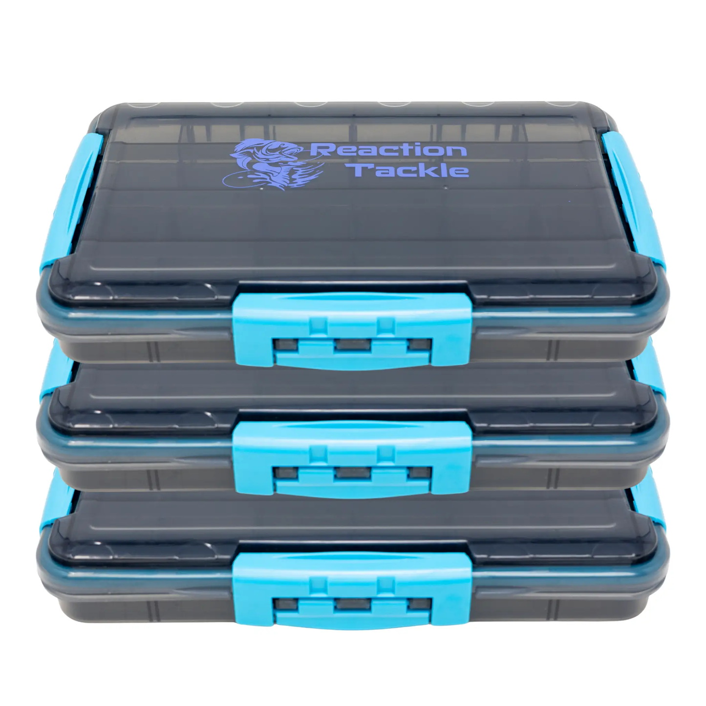 Reaction Tackle Premium Tackle Tray with 3 Clips, gray body and bright blue latches on Tampa Home & Garden Store