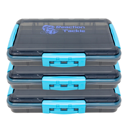 Reaction Tackle Premium Tackle Tray with 3 Clips, gray body and bright blue latches on Tampa Home & Garden Store