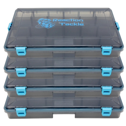 Reaction Tackle Tray Waterproof with 4 Clips gray stack of 3 tackle trays with blue latches on Tampa Home & Garden Store