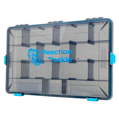 Reaction Tackle Tray waterproof tackle box with 4 clips, transparent gray with blue latches on Tampa Home & Garden Store