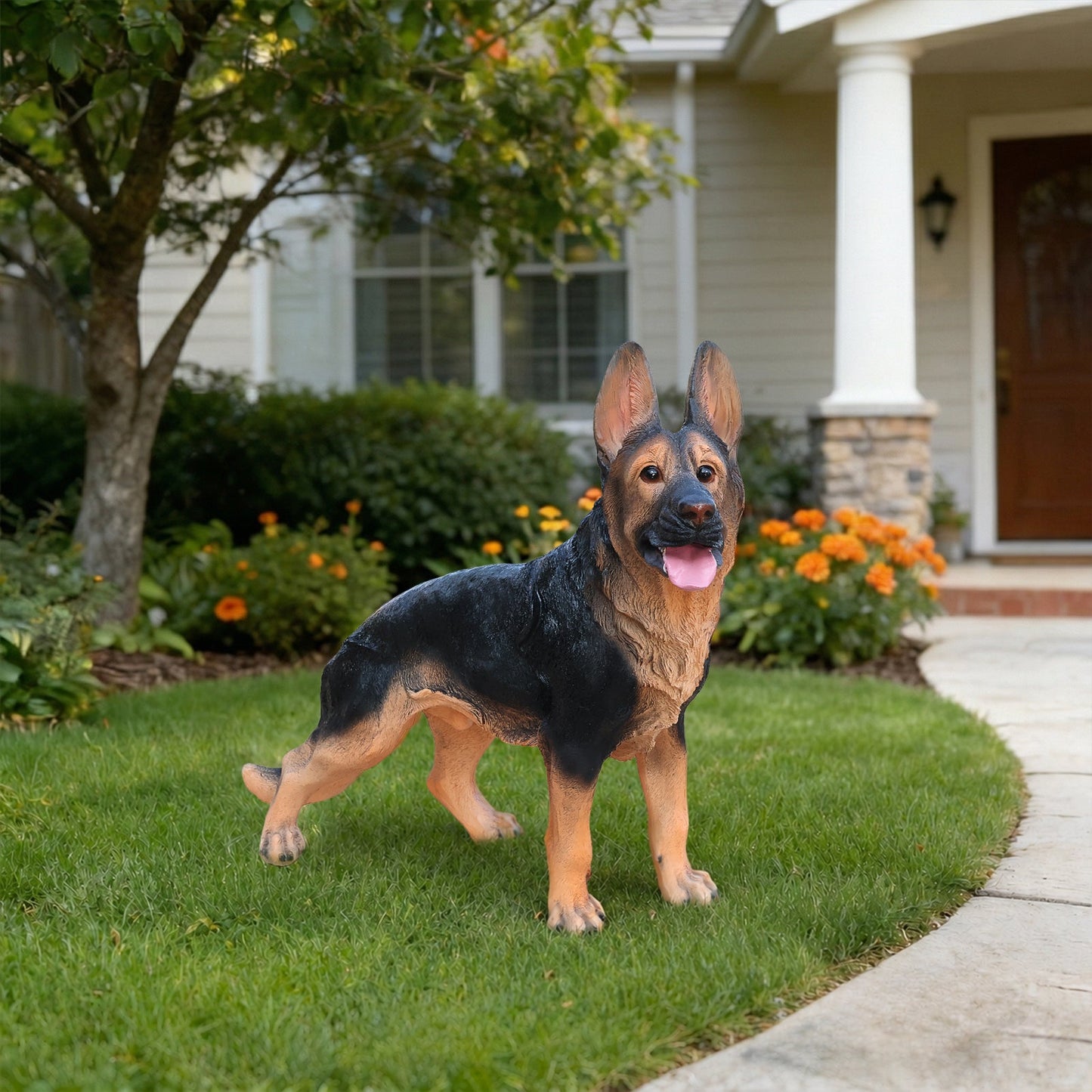 Outdoor German Shepherd Dog Statue Greeter in tan and black for garden decor on Tampa Home & Garden Store