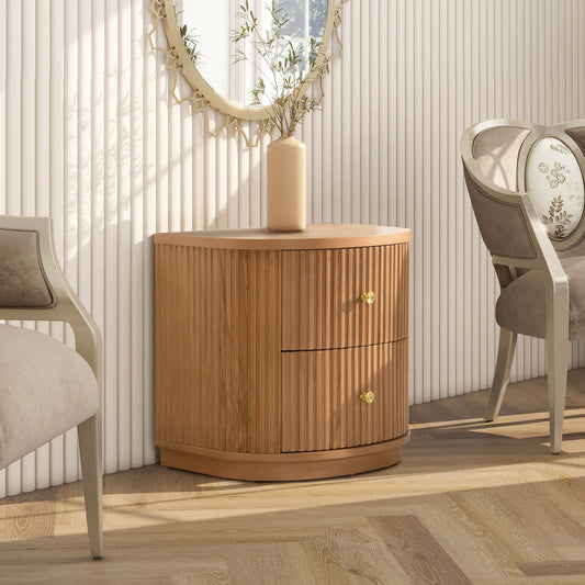 Valentine 2-Drawer Storage Side Table in warm wood with vertical grooves and brass knobs on Tampa Home & Garden Store