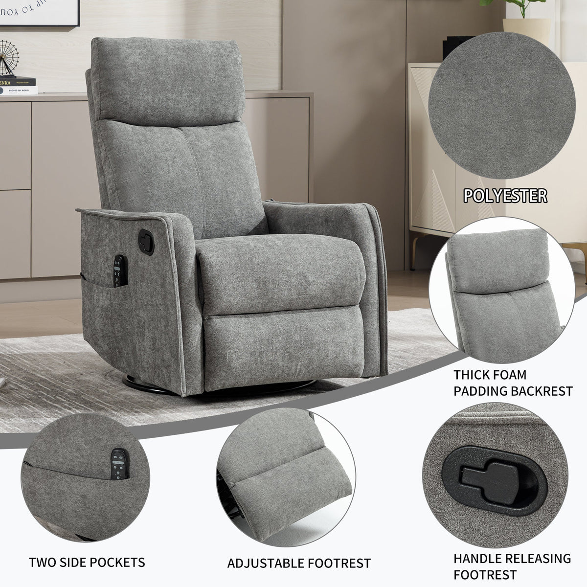 Heat Massage Manual Recliner Chair with Rocker and Swivel in gray fabric by HouseOfZazla on Tampa Home & Garden Store