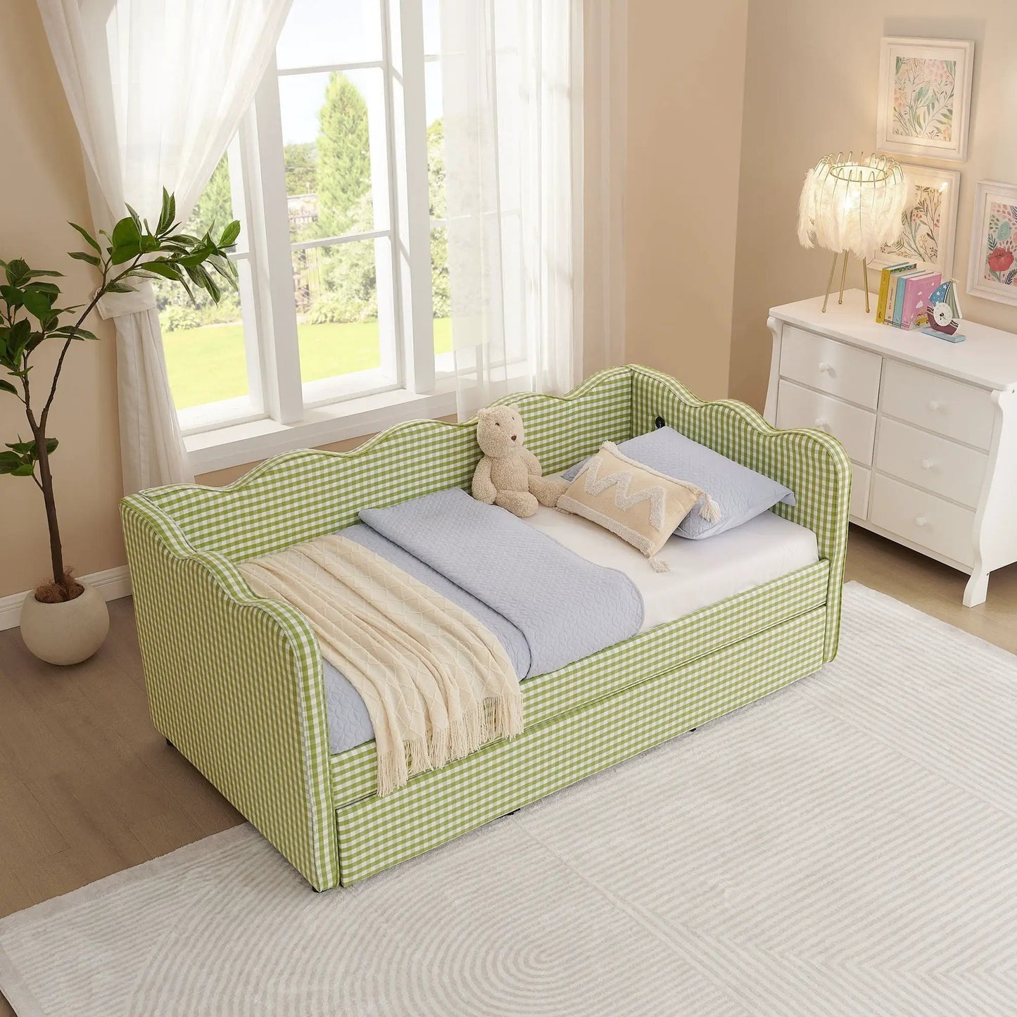 Gingham Daybed With USB Port and Wave Design