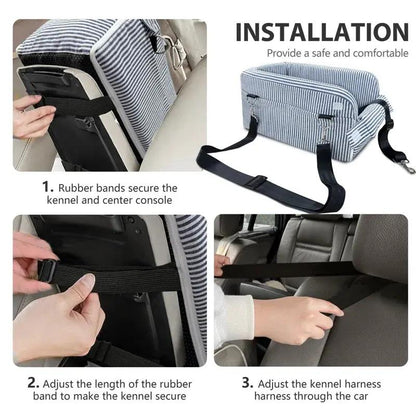 Center Console Dog Car Seat for Dogs, The Max & Rex, blue striped fabric, adjustable straps on Tampa Home & Garden Store