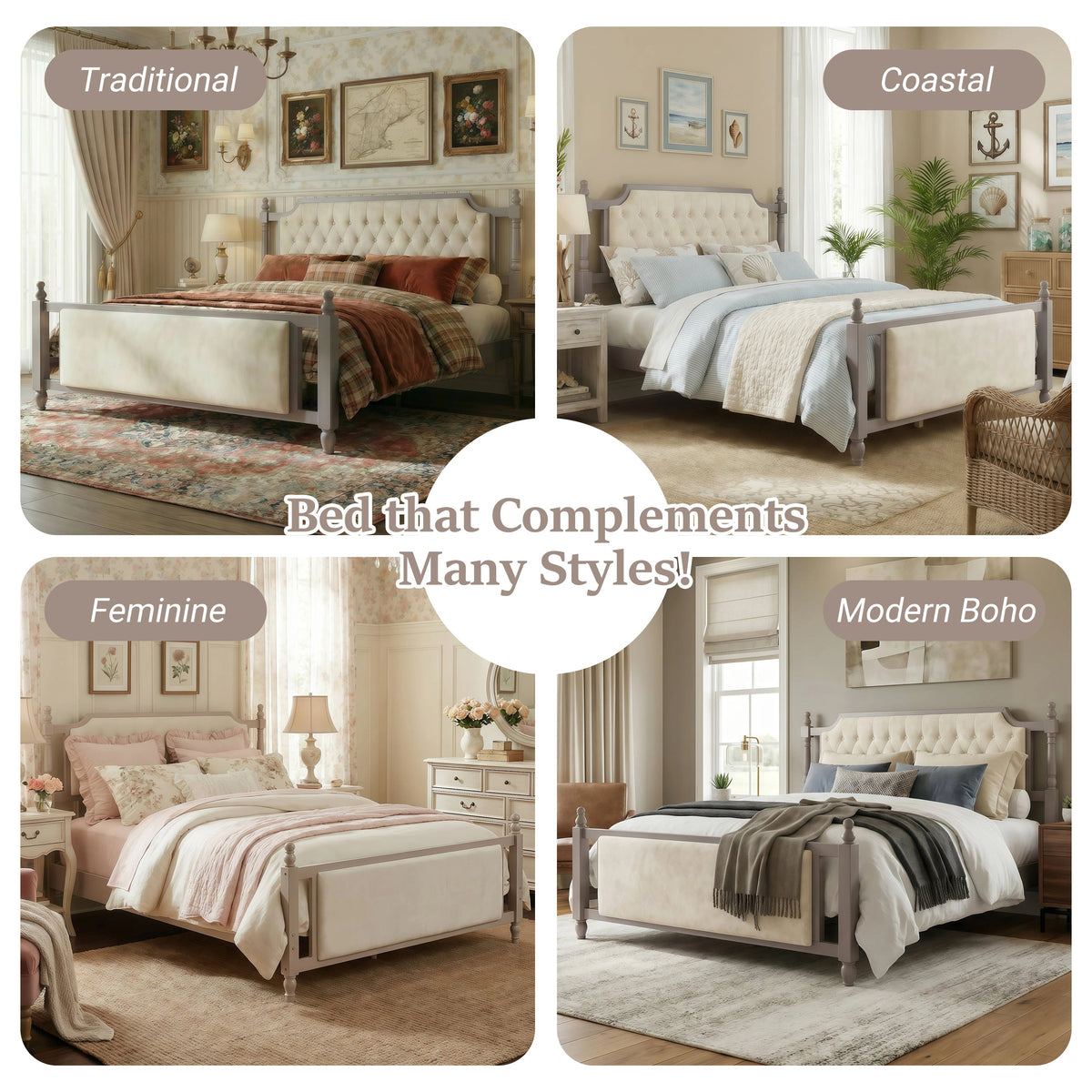 King size upholstered platform bed with button tufted headboard in beige fabric, HouseOfZazla on Tampa Home & Garden Store