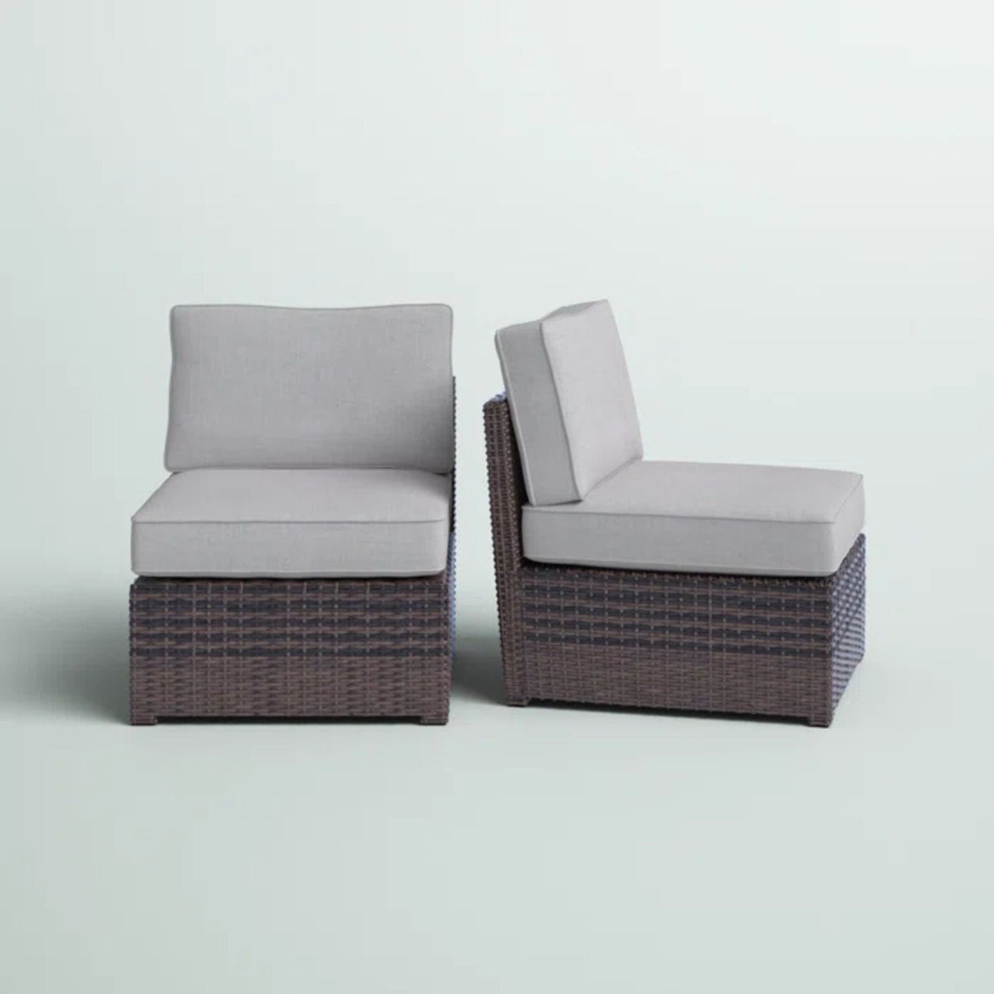 Armless patio chairs set of 2 by HouseOfZazla, brown wicker base with light gray cushions on Tampa Home & Garden Store