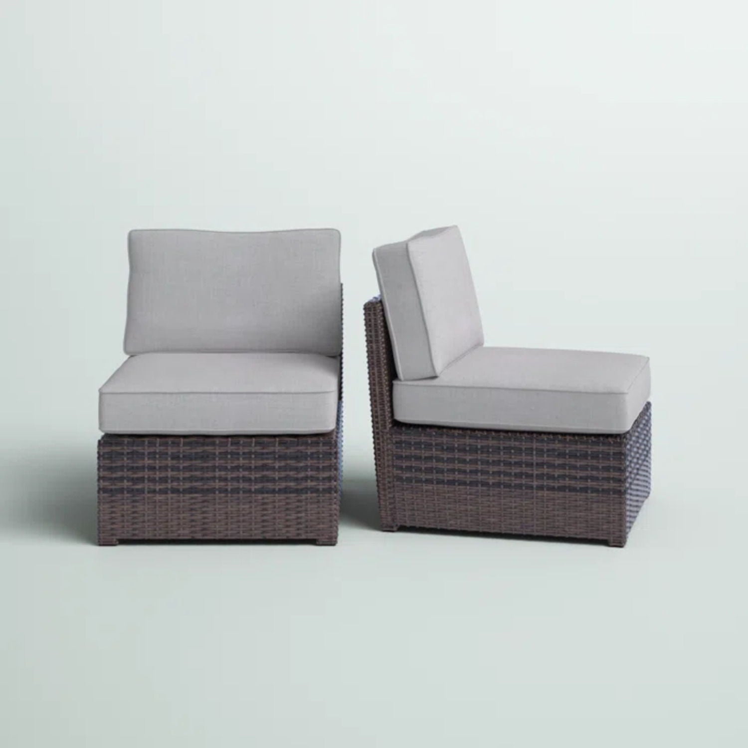 Armless patio chairs set of 2 by HouseOfZazla, brown wicker base with light gray cushions on Tampa Home & Garden Store