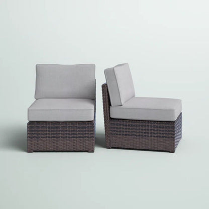 Armless patio chairs set of 2 by HouseOfZazla, brown wicker base with light gray cushions on Tampa Home & Garden Store