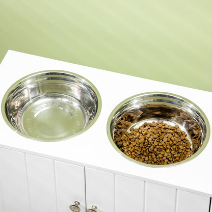PawHut raised dog bowls with storage cabinet; stainless steel bowls on white counter on Tampa Home & Garden Store