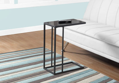 C-Shaped Accent Table with black glass top and metal frame beside white sofa on Tampa Home & Garden Store