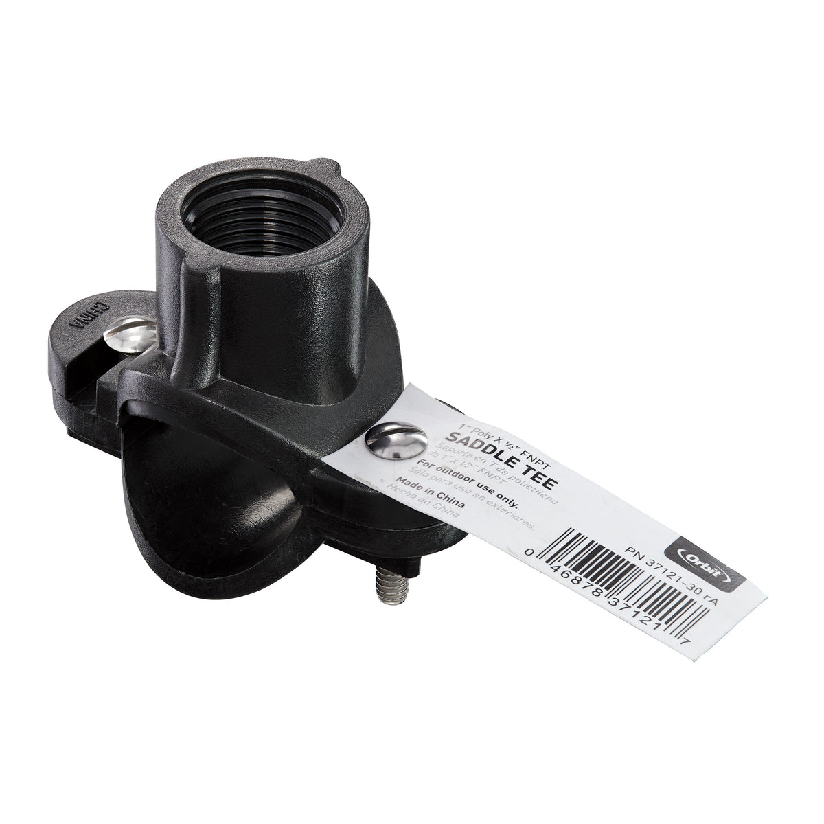 1in x 1/2in PVC saddle tee irrigation fitting Orbit Irrigation, black plastic with screws on Tampa Home & Garden Store