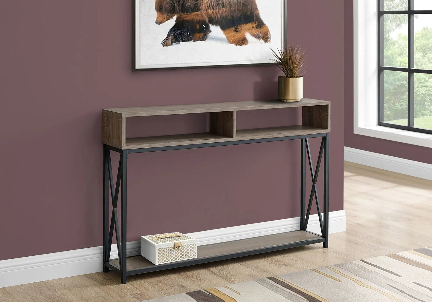 Accent console table in light wood with black metal legs and open cubby storage by Unique Piece Furniture on Tampa Home & Garden Store