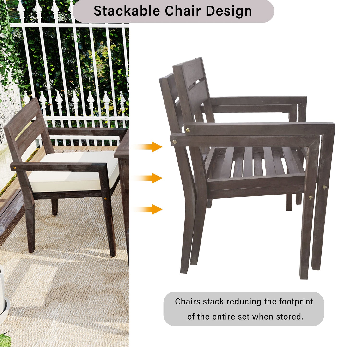 U_Style 7-Piece Acacia Wood Outdoor Dining Set with Cushions, dark brown stackable chairs on Tampa Home & Garden Store