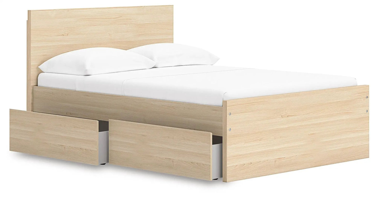 Onita panel platform bed with storage drawers in light oak finish on Tampa Home & Garden Store