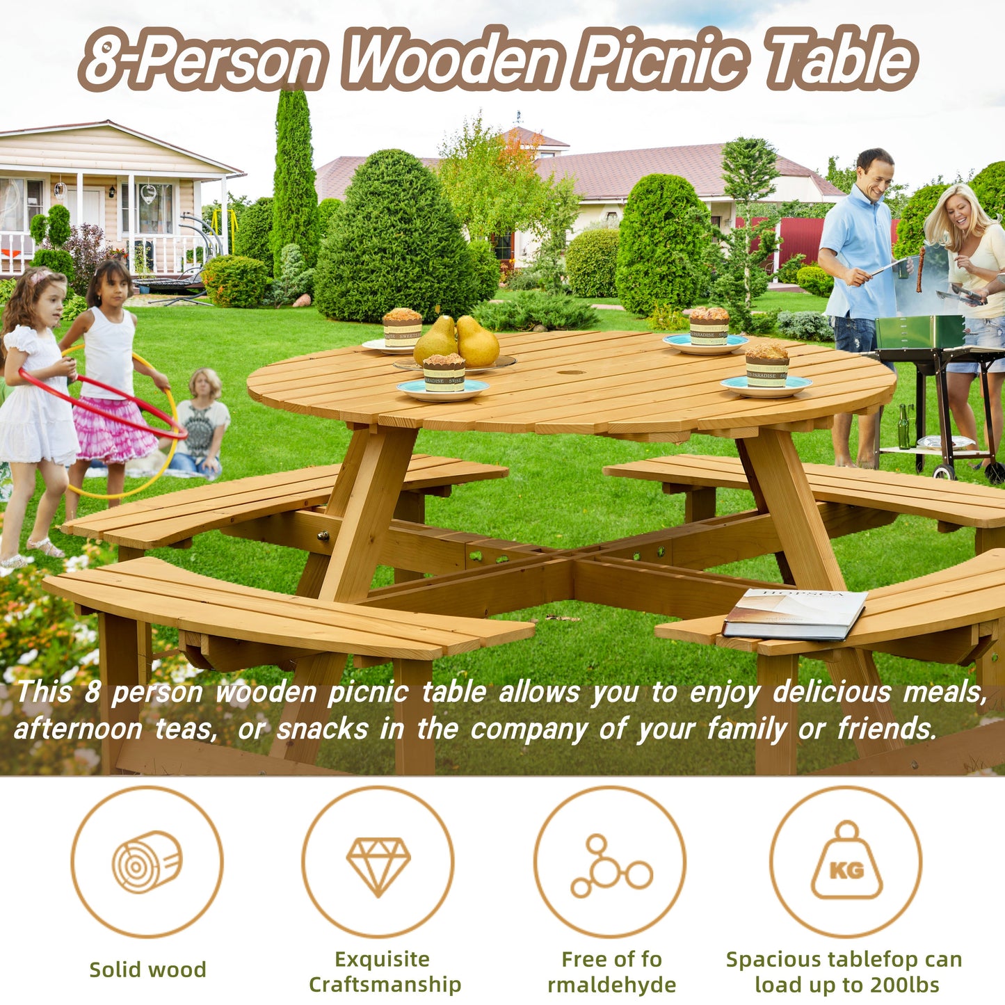 Outdoor 8 Person Round Picnic Table and Benches