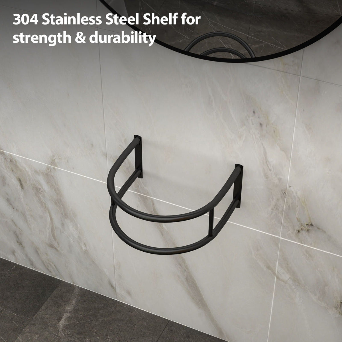 Wall-mounted black curved towel bar on light marble tile wall on Tampa Home & Garden Store