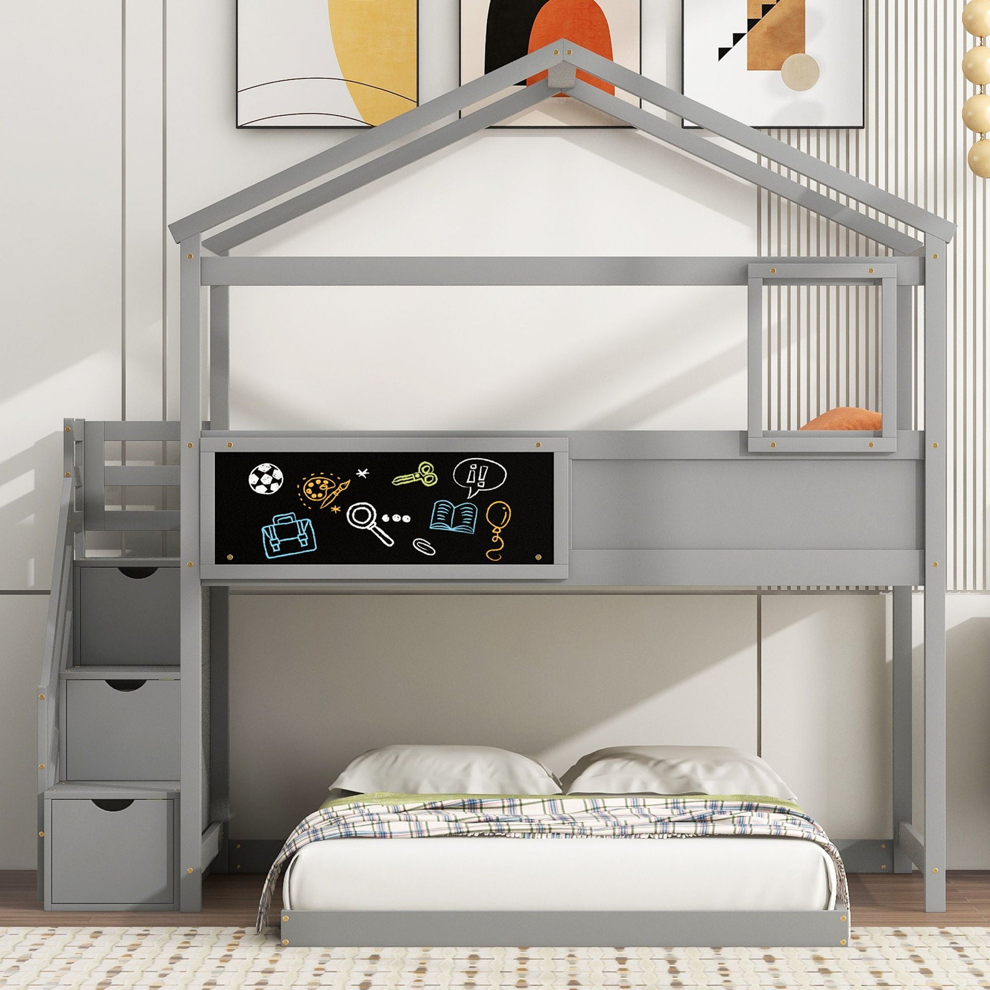 HouseOfZazla bunk bed in gray with storage staircase and chalkboard panel on Tampa Home & Garden Store
