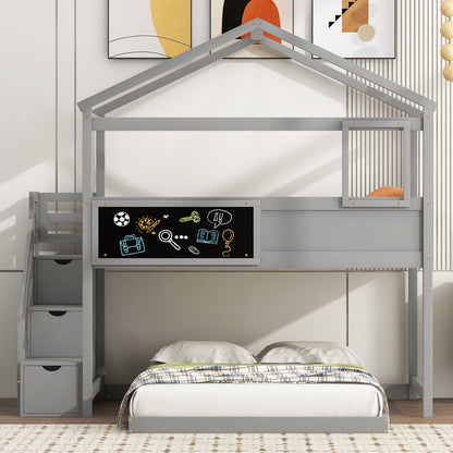 HouseOfZazla bunk bed in gray with storage staircase and chalkboard panel on Tampa Home & Garden Store
