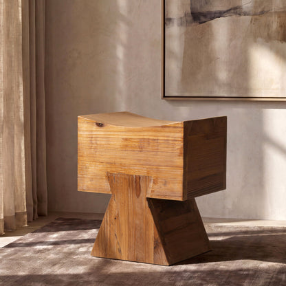 Brown reclaimed wood stool ottoman with sculptural saddle seat by HouseOfZazla on Tampa Home & Garden Store