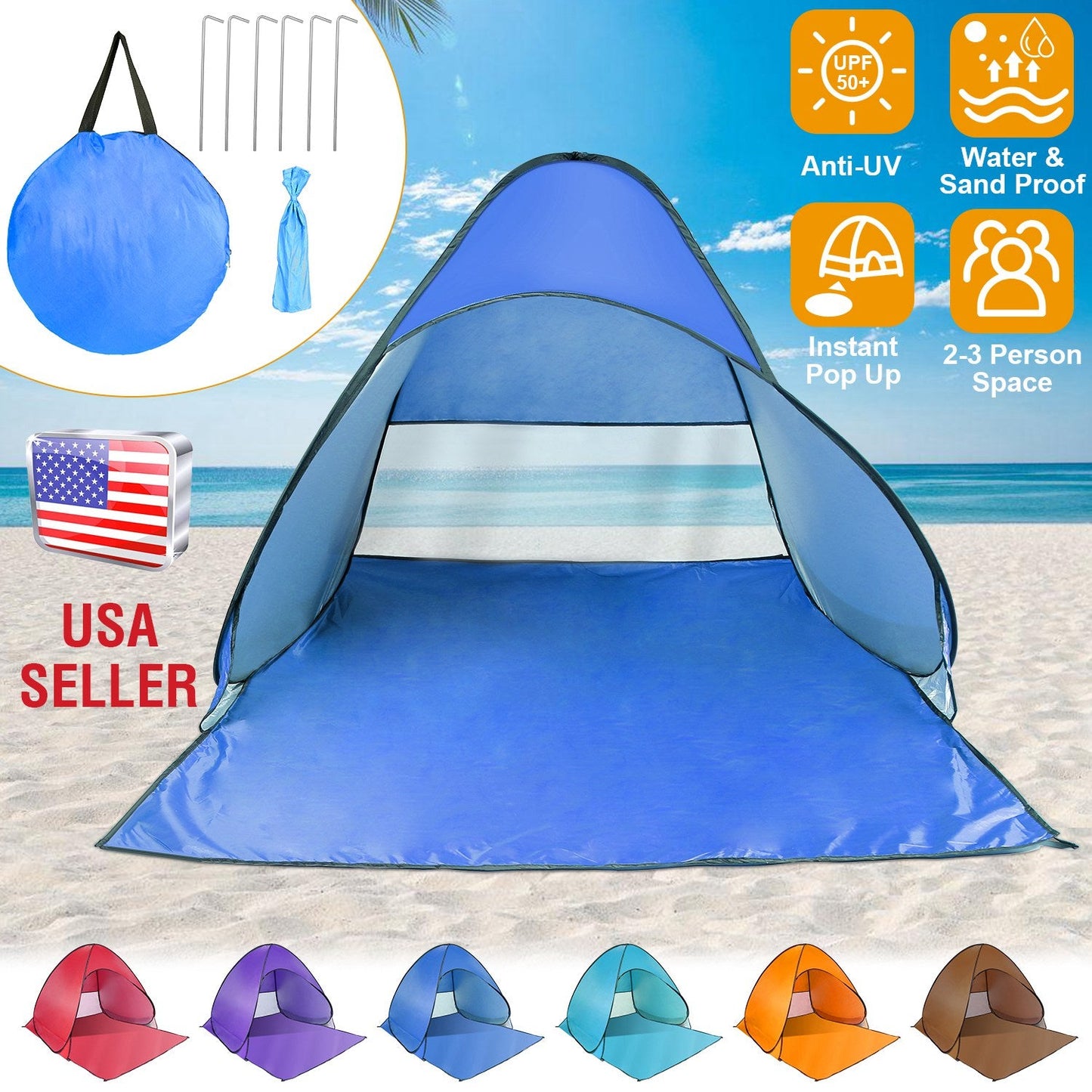 GemGear pop-up beach tent blue anti-UV waterproof canopy with net window for 2-3 person on Tampa Home & Garden Store