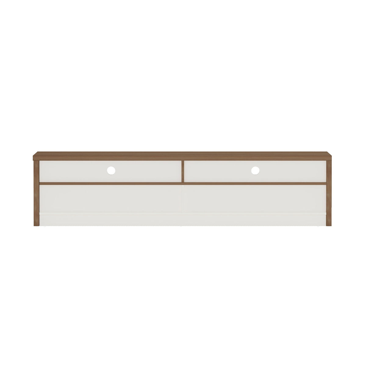 Modern 70in TV stand with two white full-extension drawers and light brown wood frame on Tampa Home & Garden Store