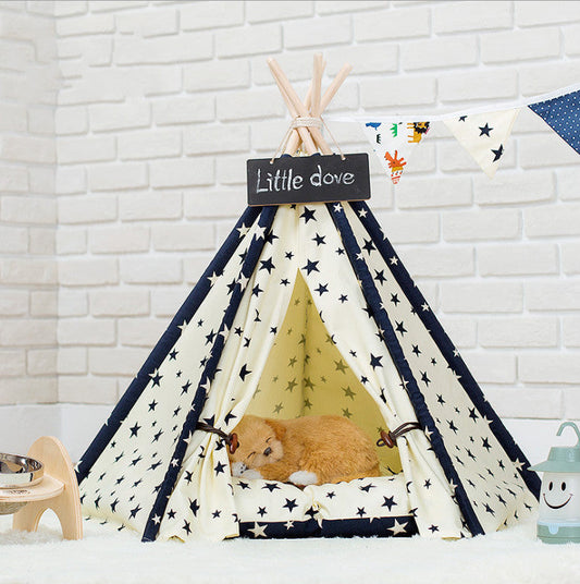 Portable pet tent bed in cream with navy stars; cozy dog inside, Sell My Stuff on Tampa Home & Garden Store