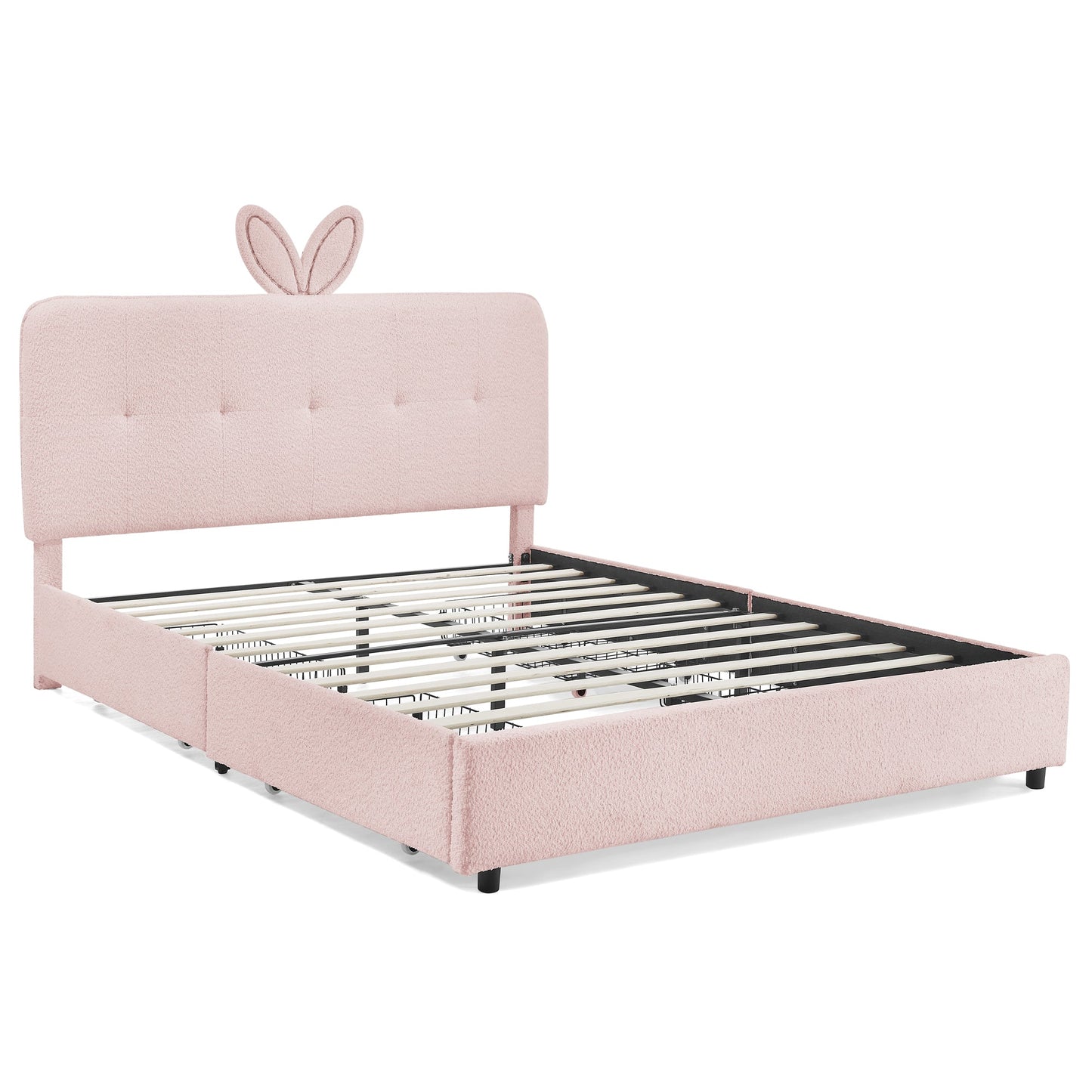 Queen size kids upholstered bed in pink fabric with rabbit ear headboard and under-bed storage on Tampa Home & Garden Store
