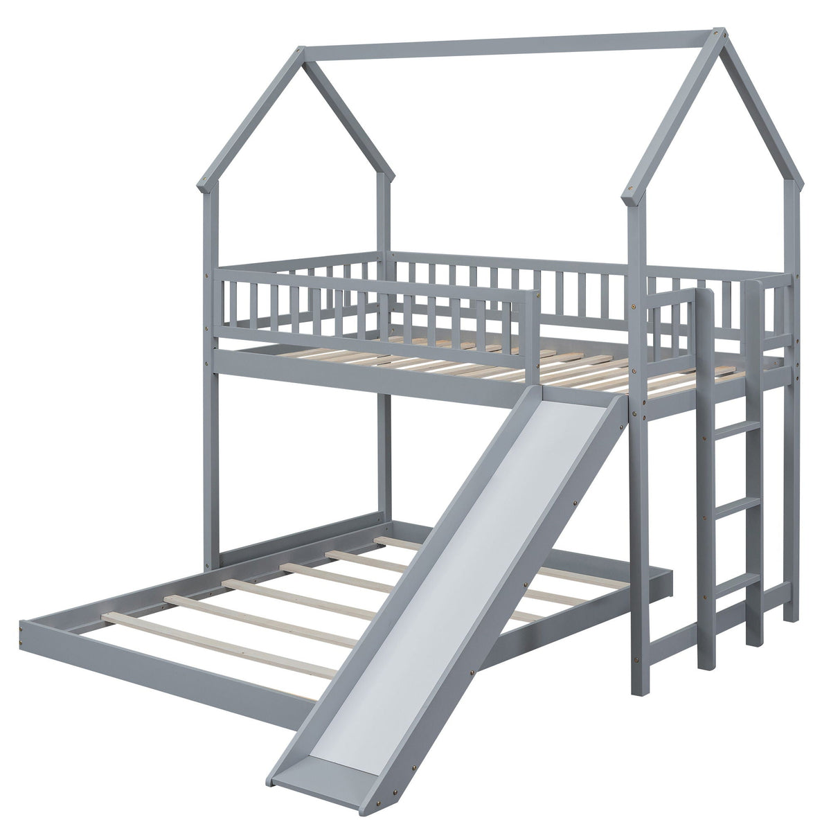 House bunk bed with slide and built-in ladder, gray frame, house-shaped top frame, slats on Tampa Home & Garden Store