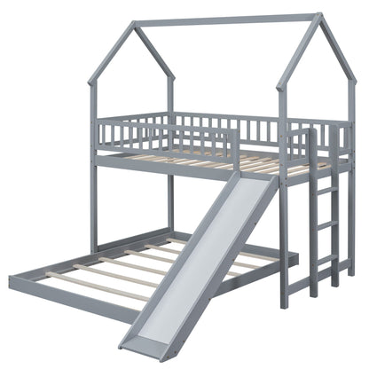 House bunk bed with slide and built-in ladder, gray frame, house-shaped top frame, slats on Tampa Home & Garden Store