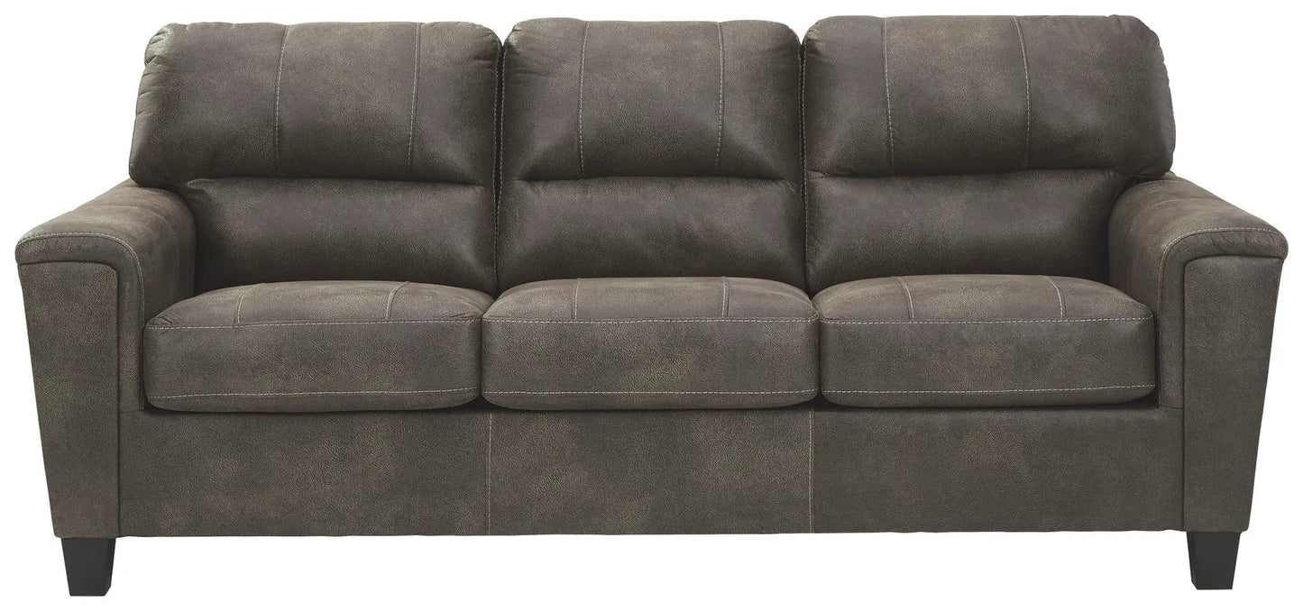 Navi Stationary Sofa three-seat brown leather-look upholstery with contrast stitching on Tampa Home & Garden Store
