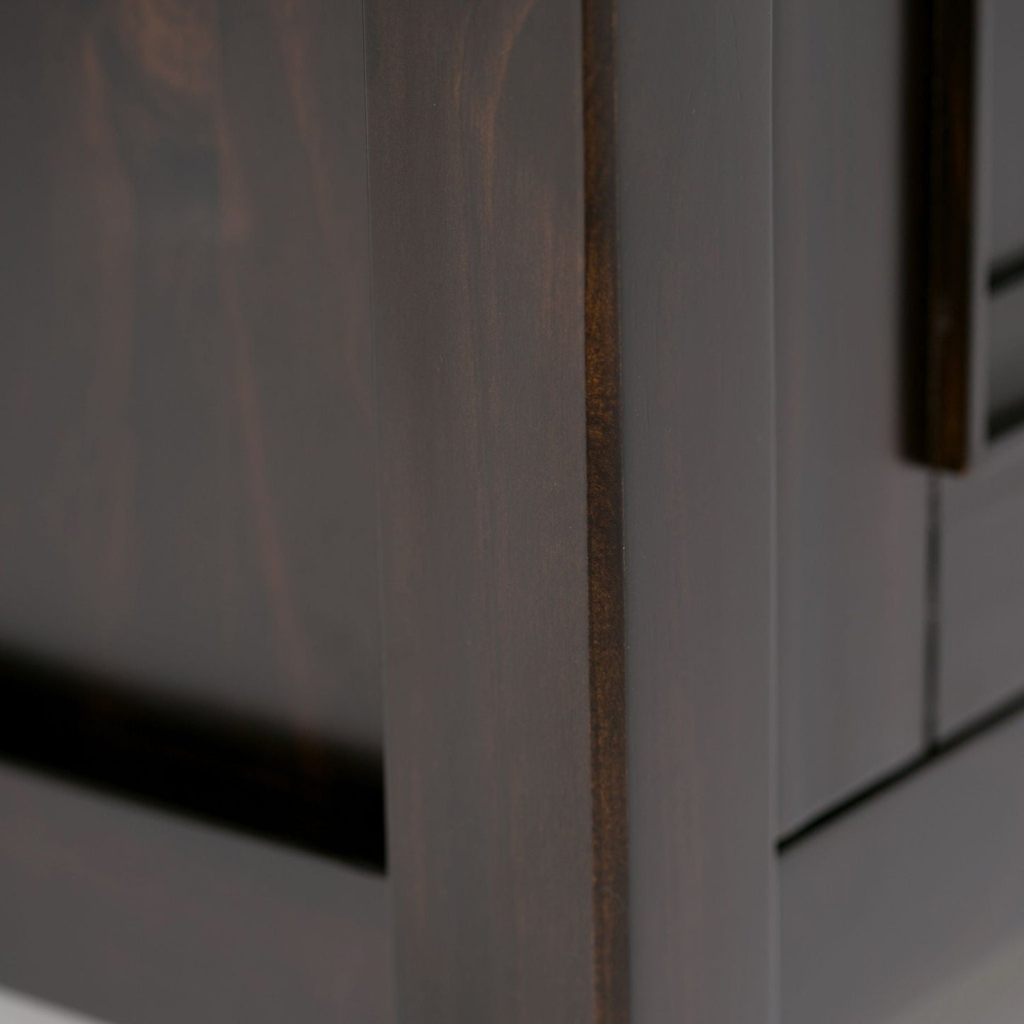 Amherst Handcrafted Low Storage Cabinet dark wood panel close-up with vertical seam gray finish on Tampa Home & Garden Store