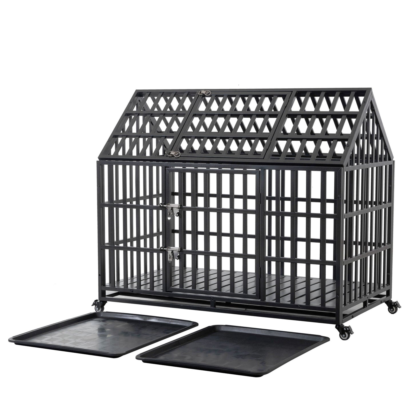 Heavy Duty Dog Crate Lockable Wheels HouseOfZazla, black metal cage with lockable latches on Tampa Home & Garden Store