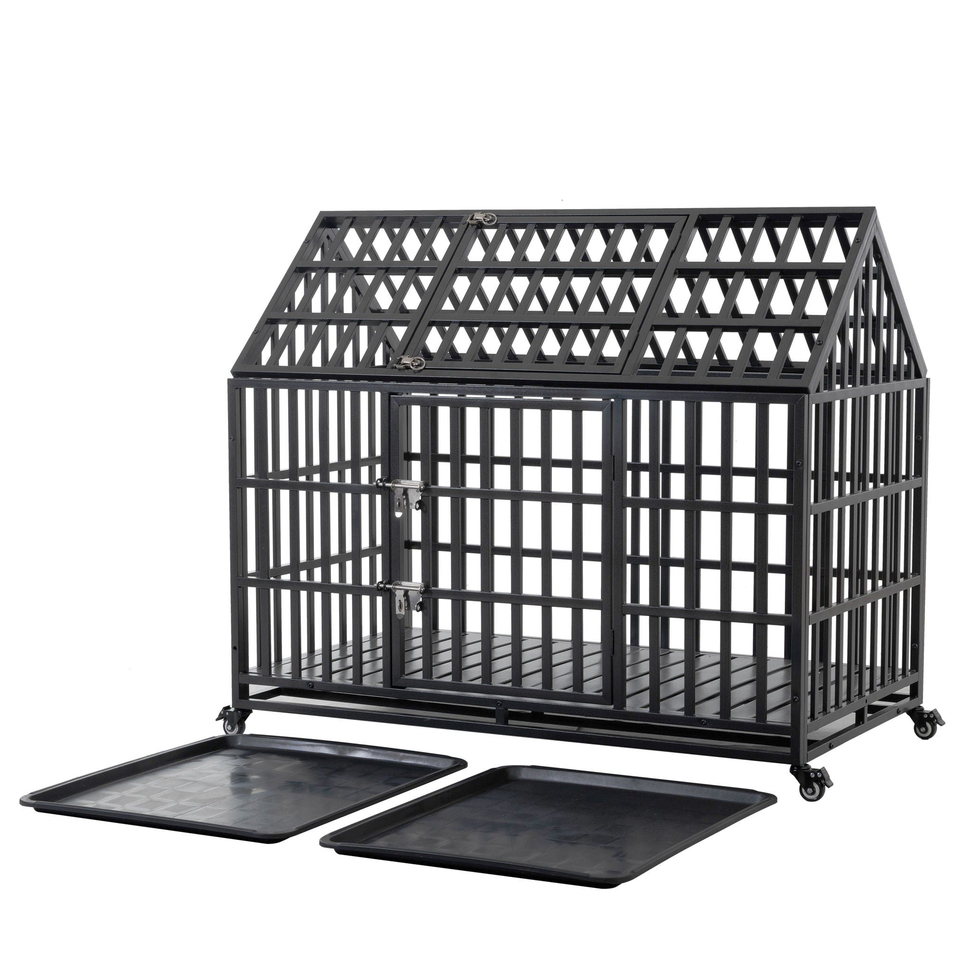 Heavy Duty Dog Crate Lockable Wheels HouseOfZazla, black metal cage with lockable latches on Tampa Home & Garden Store